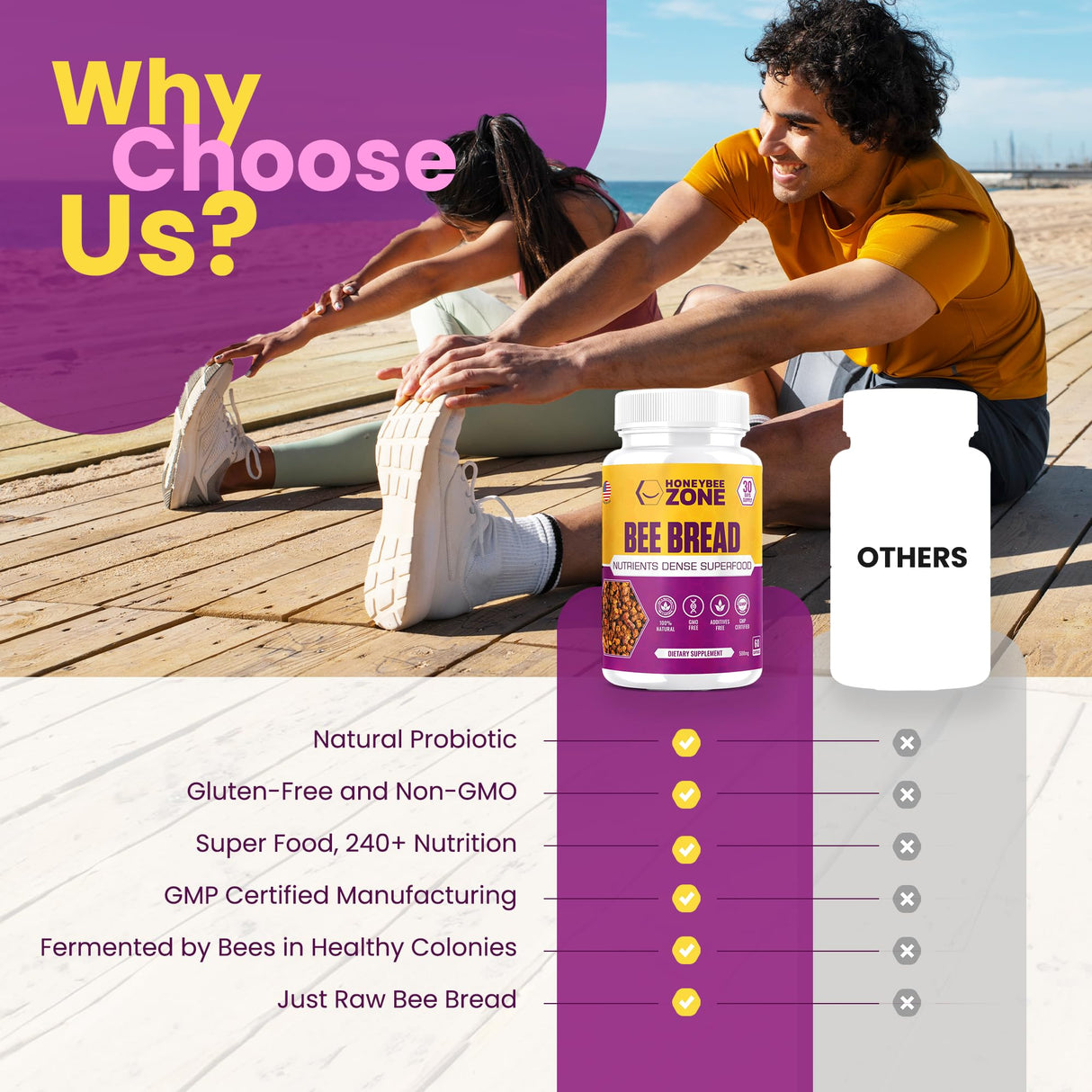 HONEYBEEZONE Bee Bread Capsules – Nutrient-Rich Superfood for Energy Boost, Immune Support Supplement | Non-GMO, Gluten-Free, 60 Easy-to-Swallow Veggie Capsules