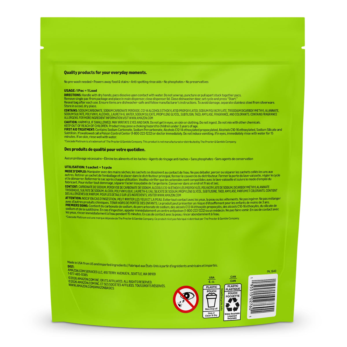 Amazon Basics Triple Action Dishwasher Pacs, Fresh Scent, 90 Count (Previously Presto!)