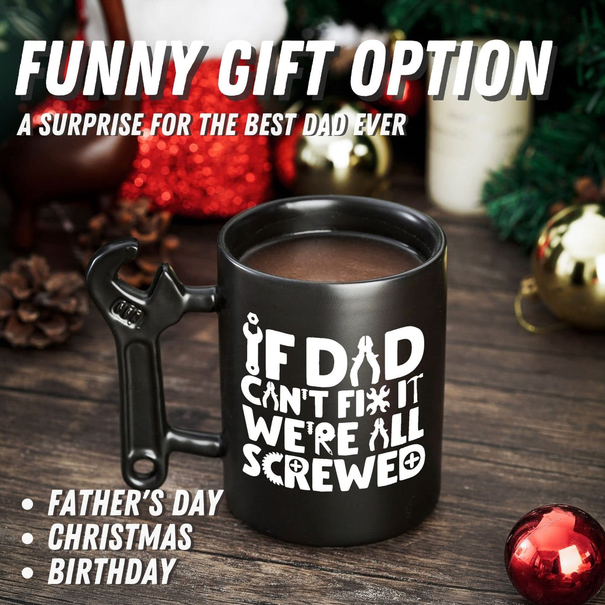 Onebttl Coffee Mug With Wrench Spanner Handle - Dad Gifts From Daughter and Son, 13.5oz Funny Ceramic Mug for Father's Birthday, Father's Day, Christmas - Dad Can Fix