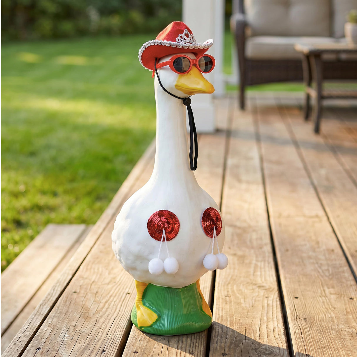 Eywwuu Funny Porch Goose Summer Bikini, Sunglasses & Tassel Skirt - Fits 17'' and 24'' Lawn Geese - Yard Decoration (Round Fringe)