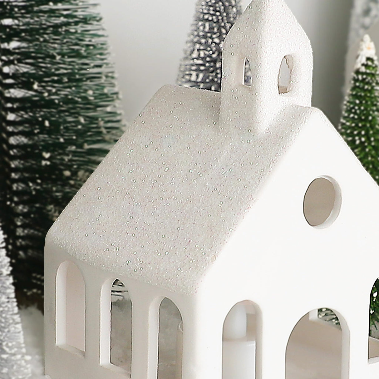 Christmas Decorations - Christmas Village Sets of 5 Lighted Ceramic Houses with Remote Control & 9 Trees - Indoor White Xmas Holiday Rustic Unique Decor for Home Table Room Farmhouse Decoration