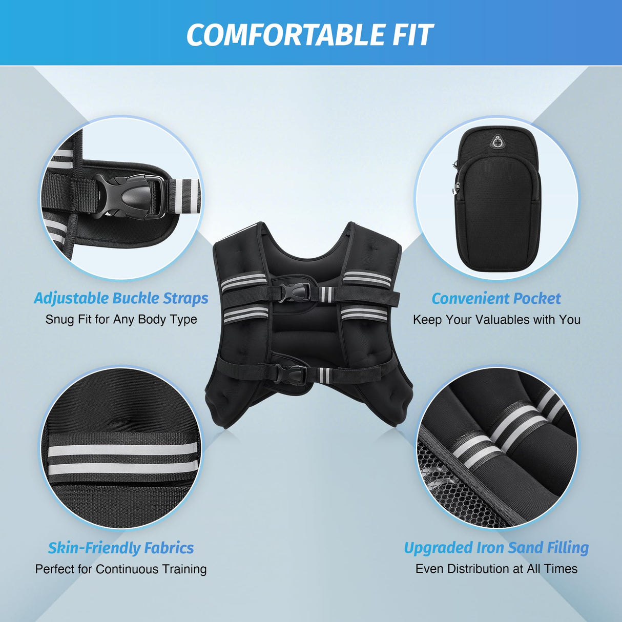 ZELUS Weighted Vest, 6lb/8lb/12lb/16lb/20lb/25lb/30lb Weight Vest with Reflective Stripe for Workout, Strength Training, Running, Fitness, Muscle Building, Weight Loss, Weightlifting, Black(20 lb)