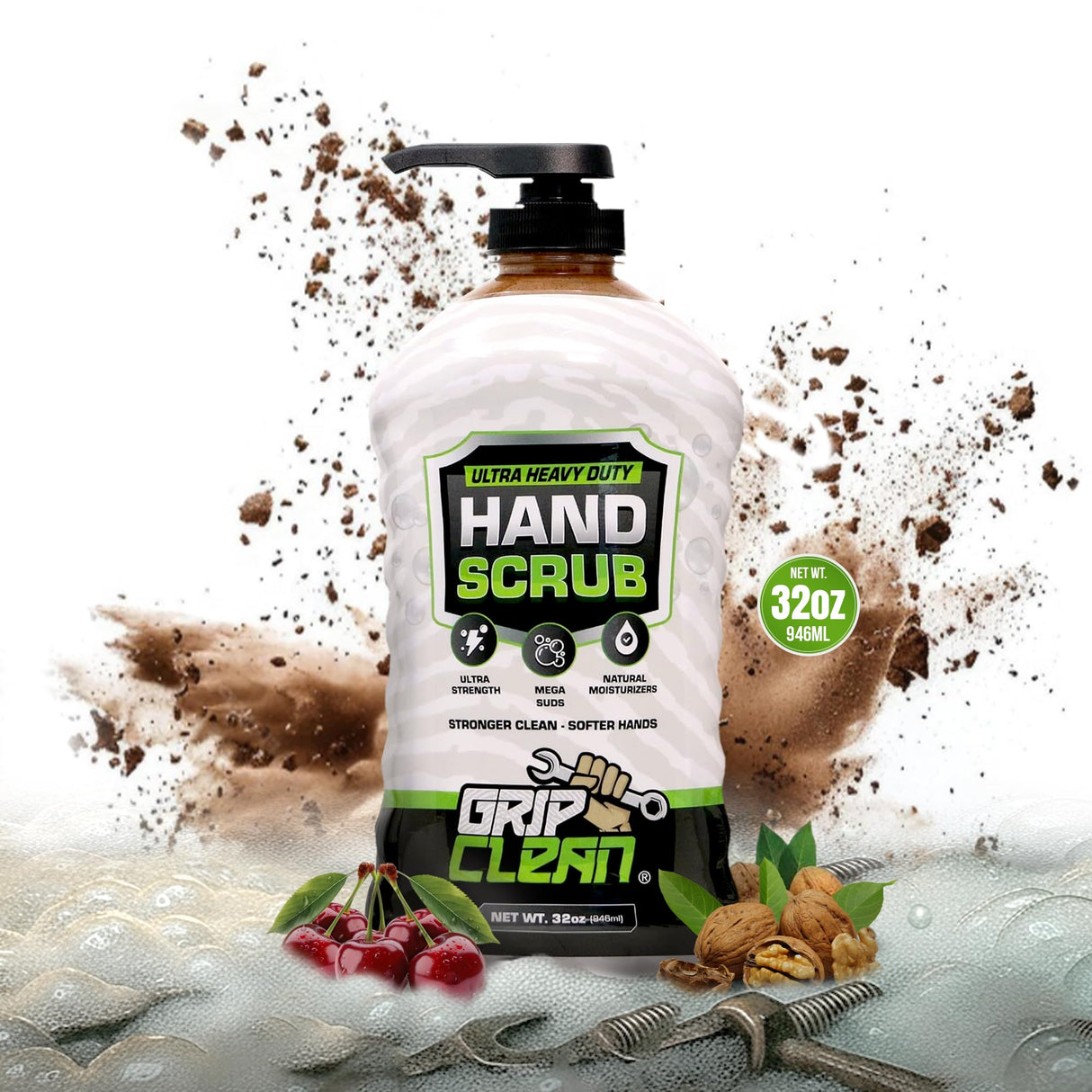 Grip Clean Ultra Heavy Duty Hand Cleaner for Mechanics β Walnut Shell & Clay-Infused Technology Removes Grease, Oil & Paint β Pro-Grade Industrial Hand Soap with Cherry Scent - 32 Fl Oz