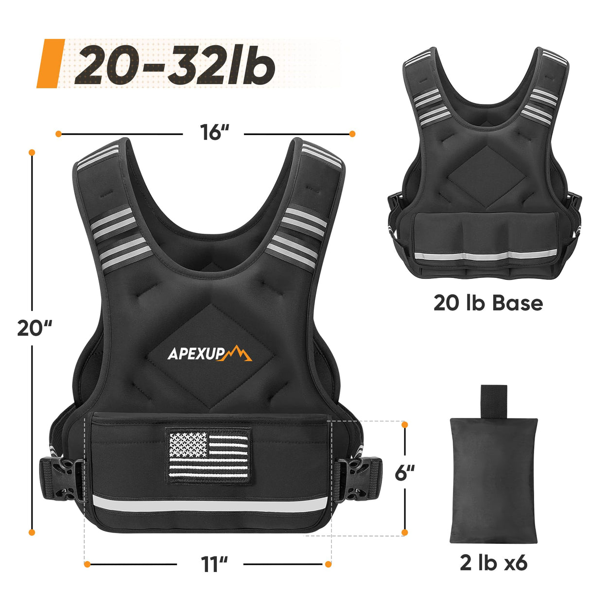 APEXUP Adjustable Weighted Vest, 4-10lb/12-18lb/20-32lb Vest with 6 Ironsand Weights and Large Pocket, Weight Vest for Men Women Strength Training, Running, Walking (20-32lb, Black)