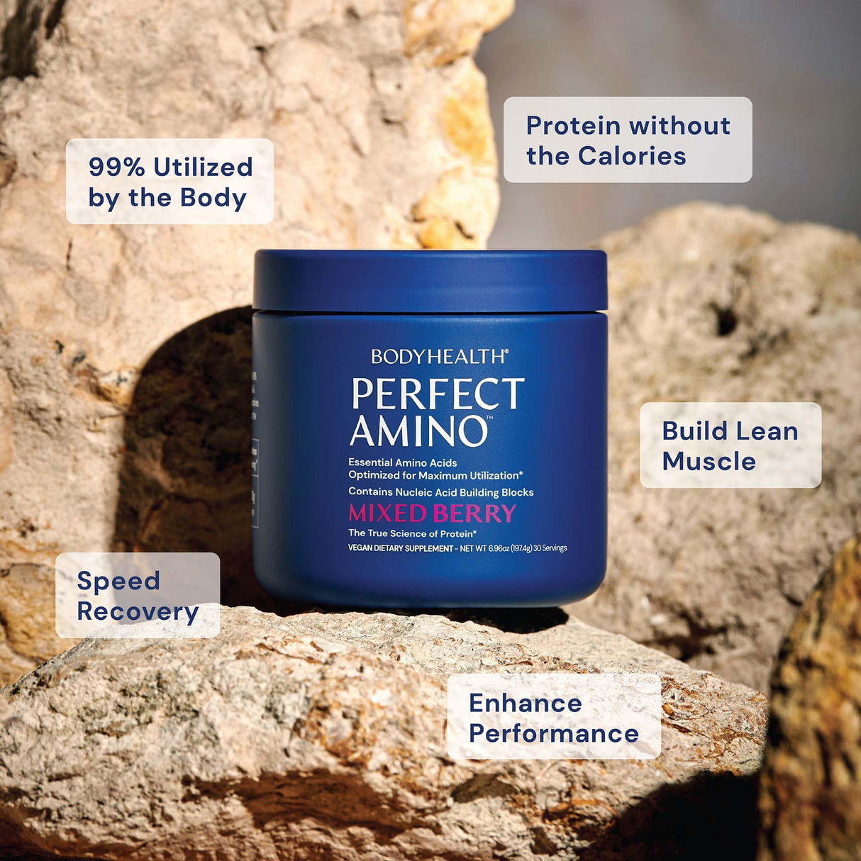 BodyHealth PerfectAmino Powder - BCAA and EAA Powder for Pre and Post Workout - Amino Acid Energy Drink for Men and Women to Support Lean Muscle and Recovery - Mixed Berry - 120 Servings