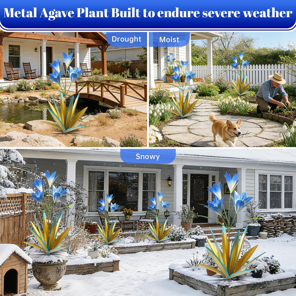 TOMBABY 32.28 Inch Metal Agave Plant Outdoor Decoration Lily Mexican Yard Art Garden Gift Home Decor Hand Painted Metal Agave Garden Yard Statue (1pc, Blue)