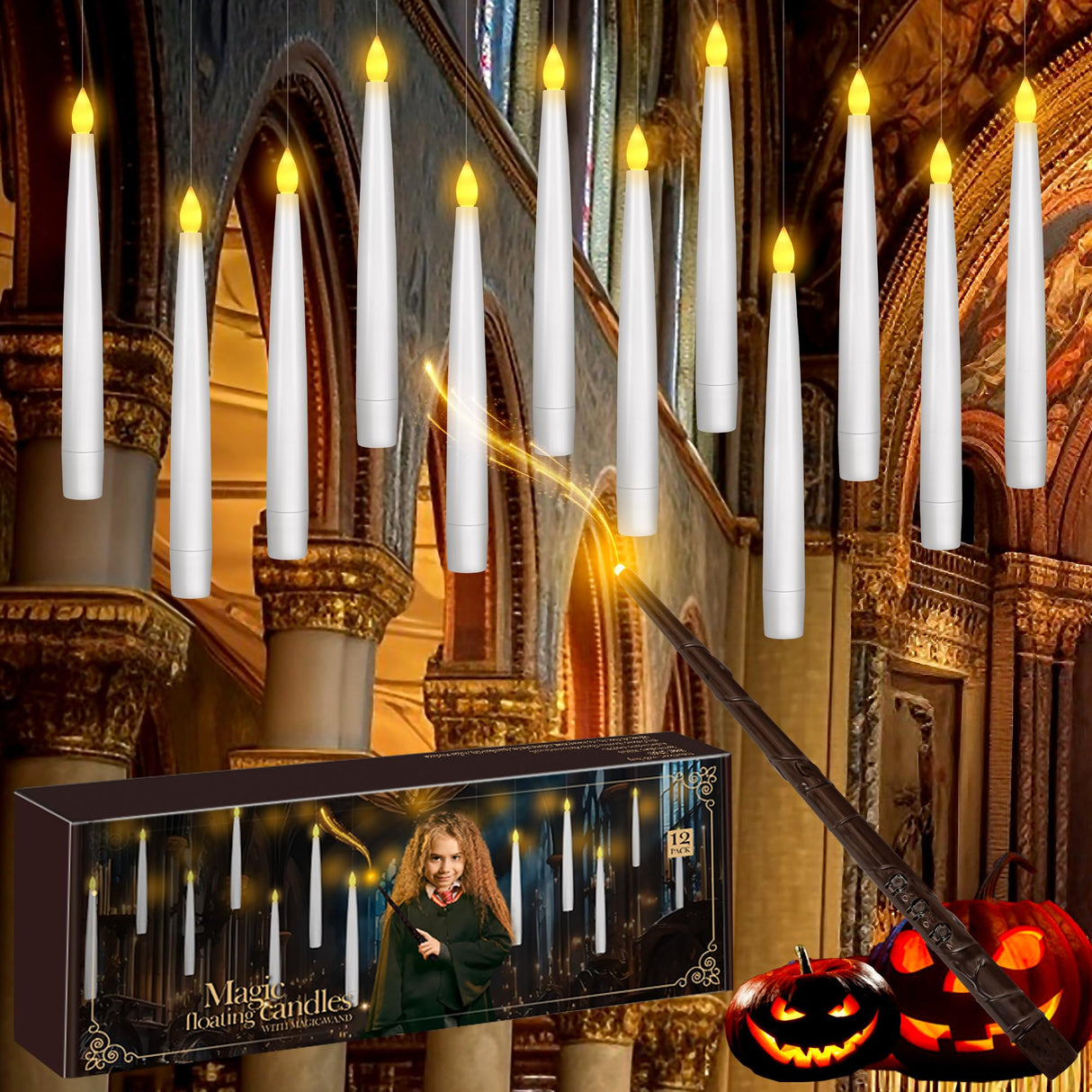 Halloween Decor Floating Candles With Wand, 20pcs Magic Hanging Candles With Remote, 6.3IN Flameless Taper Led Candle Battery Operated Floating Window Candle, Decor for Christmas, Wedding, Halloween