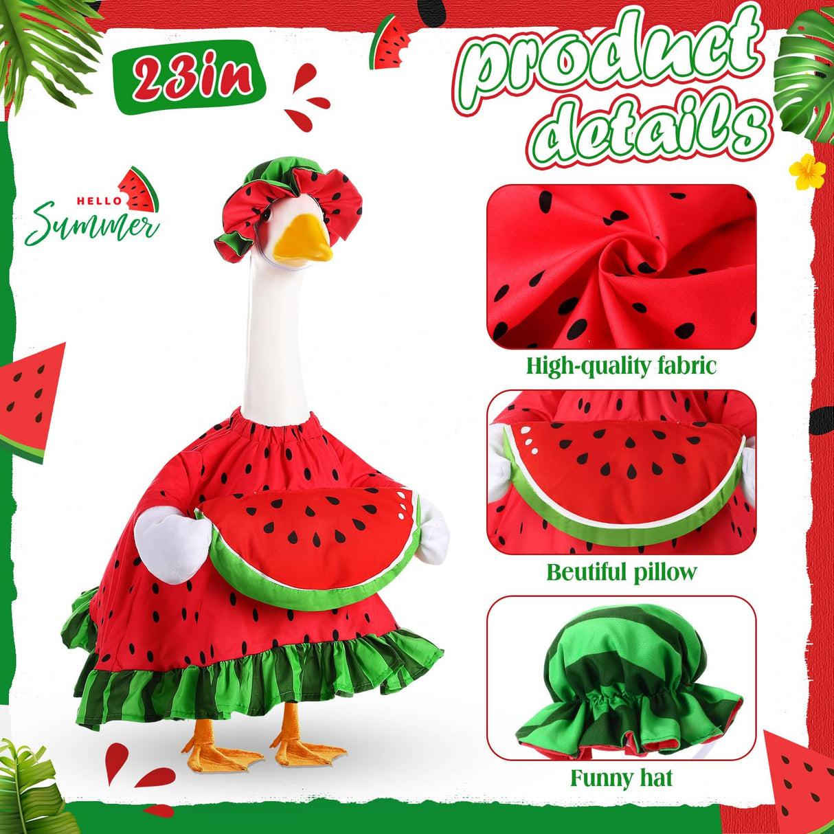 Sanwuta Summer Goose Outfits for 23" Porch Goose Watermenlon Lemon Strawberry Geese Costume Outfit with Hat for Summer Garden(Watermelon)