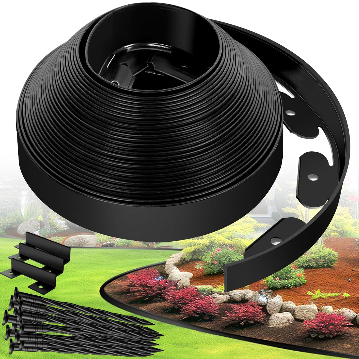 YUYIUS Landscape Edging Border - 1.5”x40’ Garden Edging Border with 40 Stakes, No Dig Lawn Edging for Landscaping for Garden Bed, Thickened Top Edge Flexible Flower Bed Border Edging for Outdoor