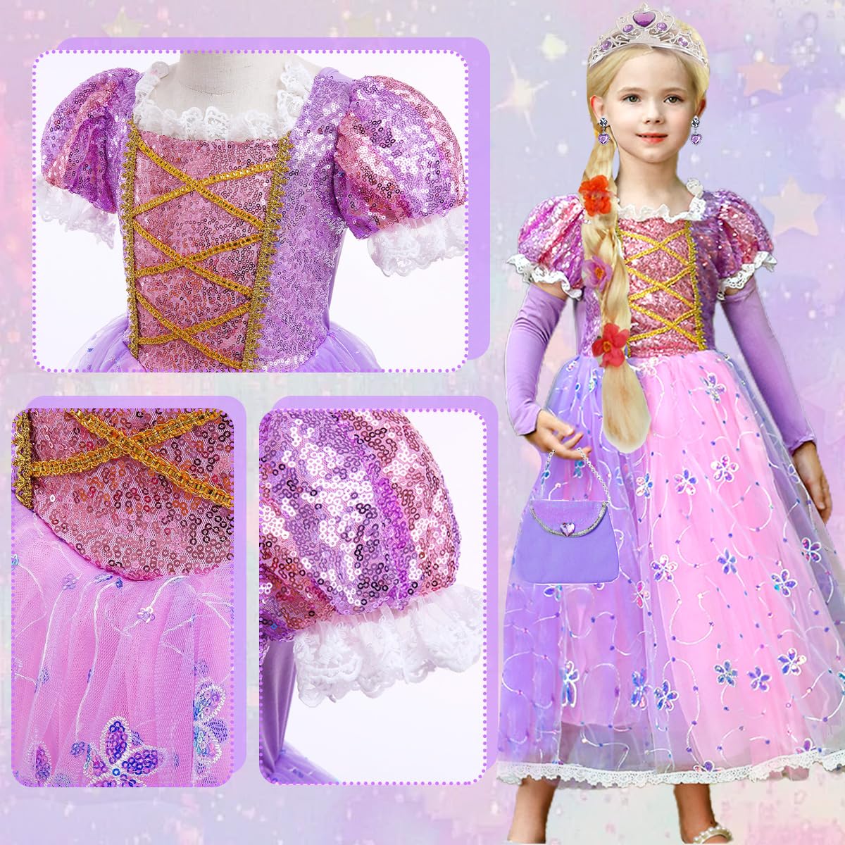 Luzlen Little Girls Princess Costume Kids Fancy Purple Dress for Halloween Party Christmas Carnival, 5-6 Years(Label 130)