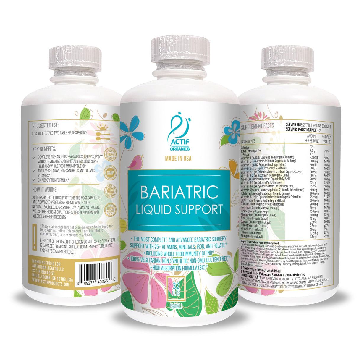 Actif Organic Bariatric Liquid Support With 25+ Organic Vitamins And Minerals For Bariatric Surgery, Advanced Formula, Non GMO, 32 Oz