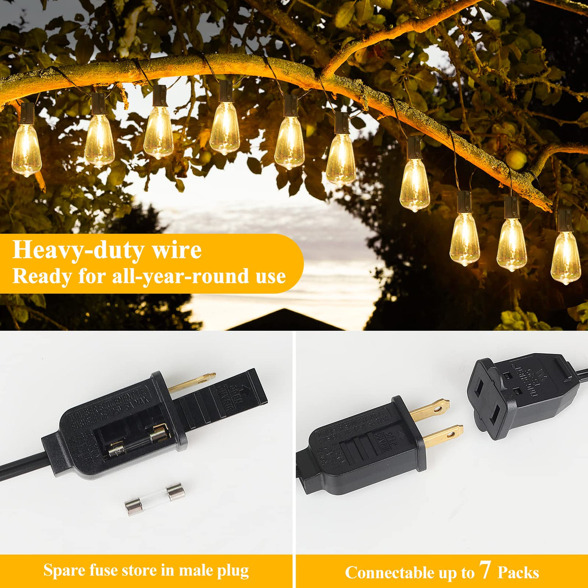 Brightever Outdoor String Lights 200FT Waterproof, Patio String Lights for Outside with 100+4 ST38 Shatterproof LED Filament Bulbs, Dimmable Hanging Lights for Christmas, Party, Cafe (2-Pack 100FT)