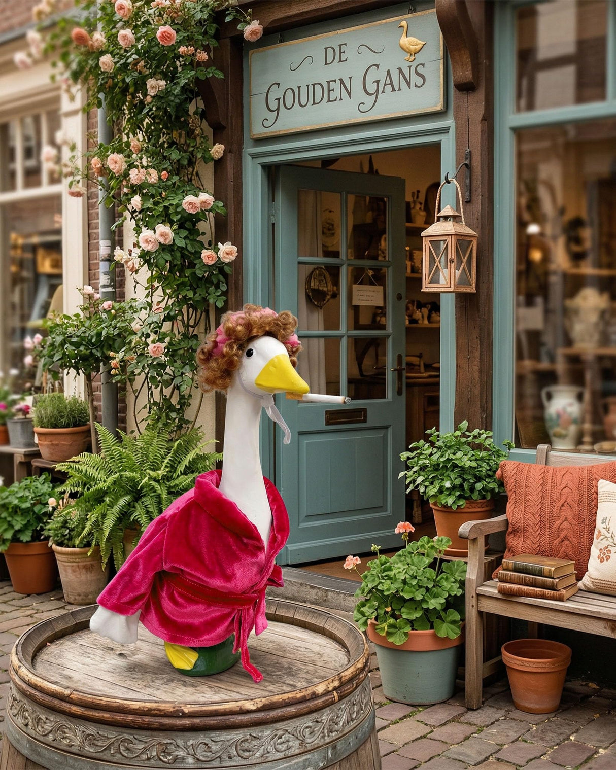 GigaCircle Lady Porch Goose Outfits with Wig, Rollers & Adhesive Dots- 23" Funny Bathrobe Lawn Geese Clothes, Hilarious Robe Porch Goose Outfits for Garden Decor, Gag Gift for Mom Grandma