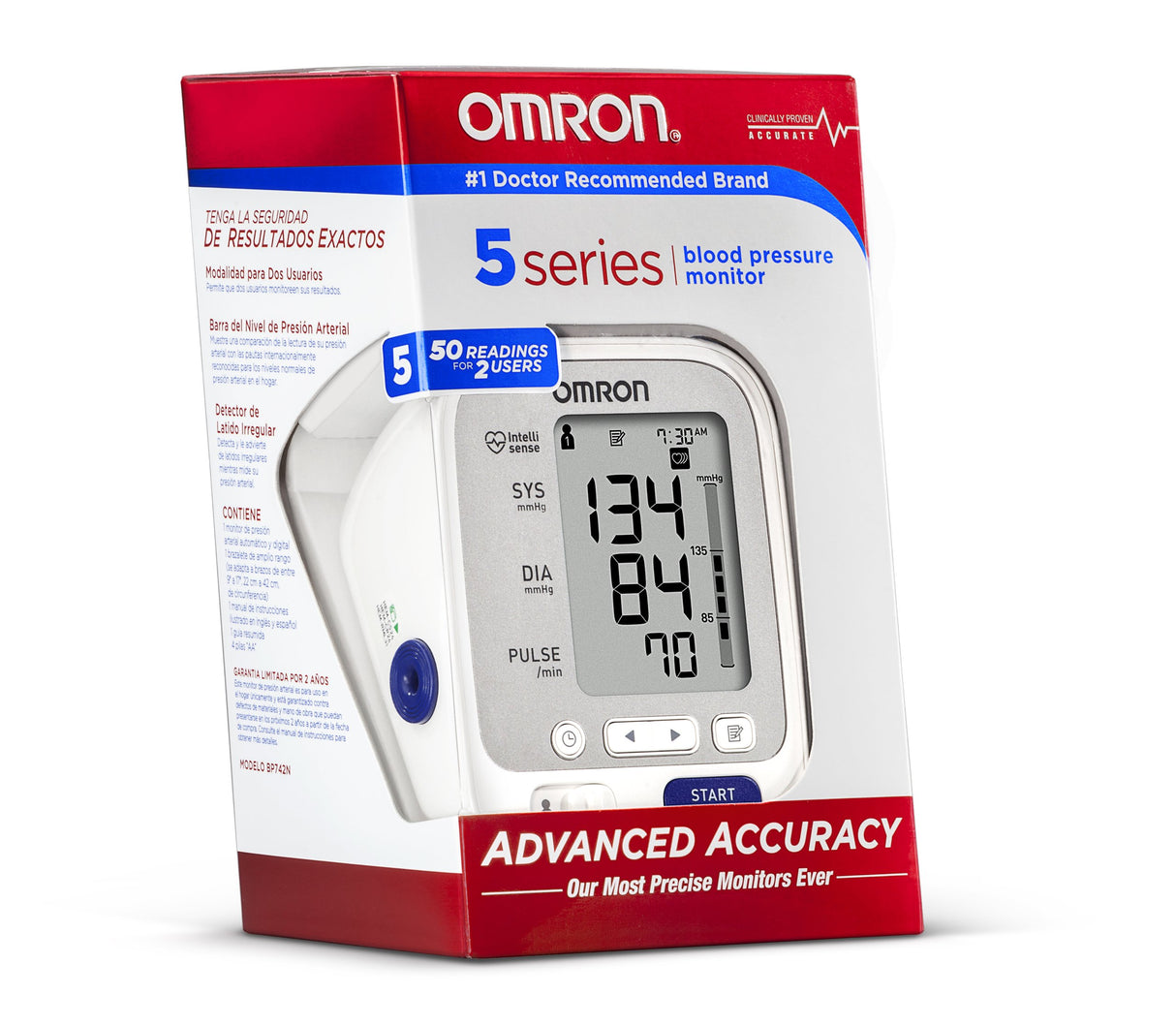 Omron 5 Series Upper Arm Blood Pressure Monitor; 2-User, 100-Reading Memory, Soft Wide-Range Cuff, #1 Dr. Recommended by Omron, White, Large