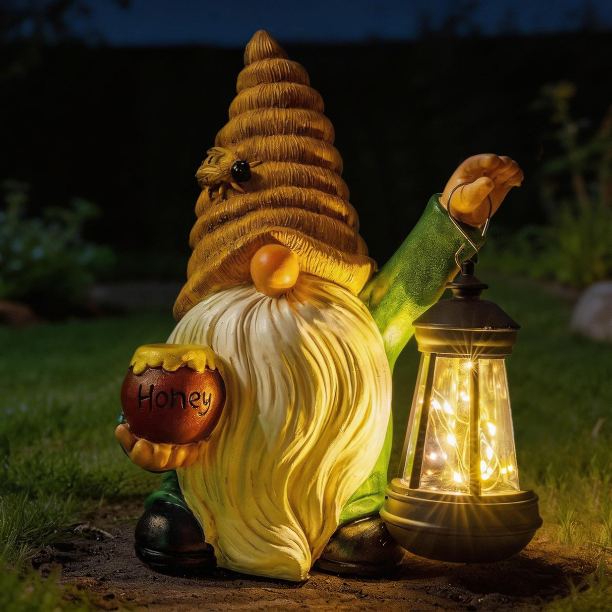 WONDHOME 12.3'' Solar Garden Gnomes Outdoor Decor Honey Bee jar Gnome Statues with LED Lantern Spring Patio Lawn Yard Art Decoration Easter Birthday Christmas Gardening Gifts for Mom Dad, Bee Gnome