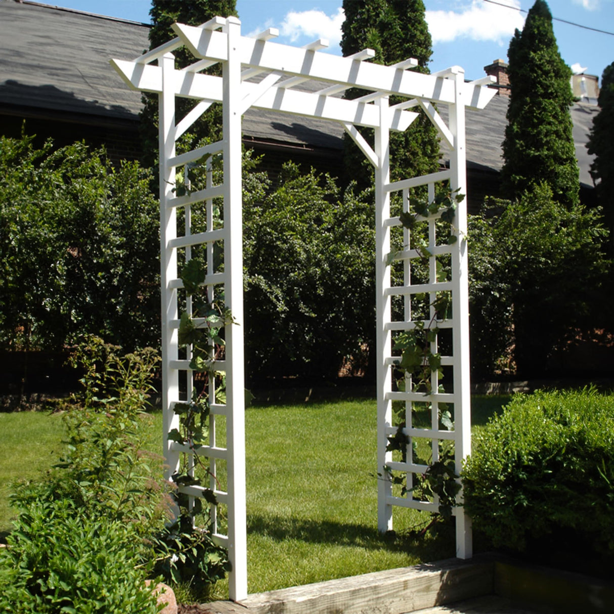 Dura-Trel Providence Arbor, Vinyl Garden Archway for Outdoors, 64" x 85", White - Backyard Decorative Arch and Backdrop with Lattice Design and Trellis Sides for Climbing Plants, Vines and Flowers