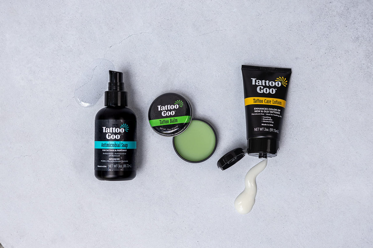 Tattoo Goo Aftercare Kit Includes Antimicrobial Soap, Balm, and Lotion, Tattoo Care for Color Enhancement + Quick Healing - Vegan, Cruelty-Free, Petroleum-Free, Tattoo Artist Gifts (3 Piece Set)