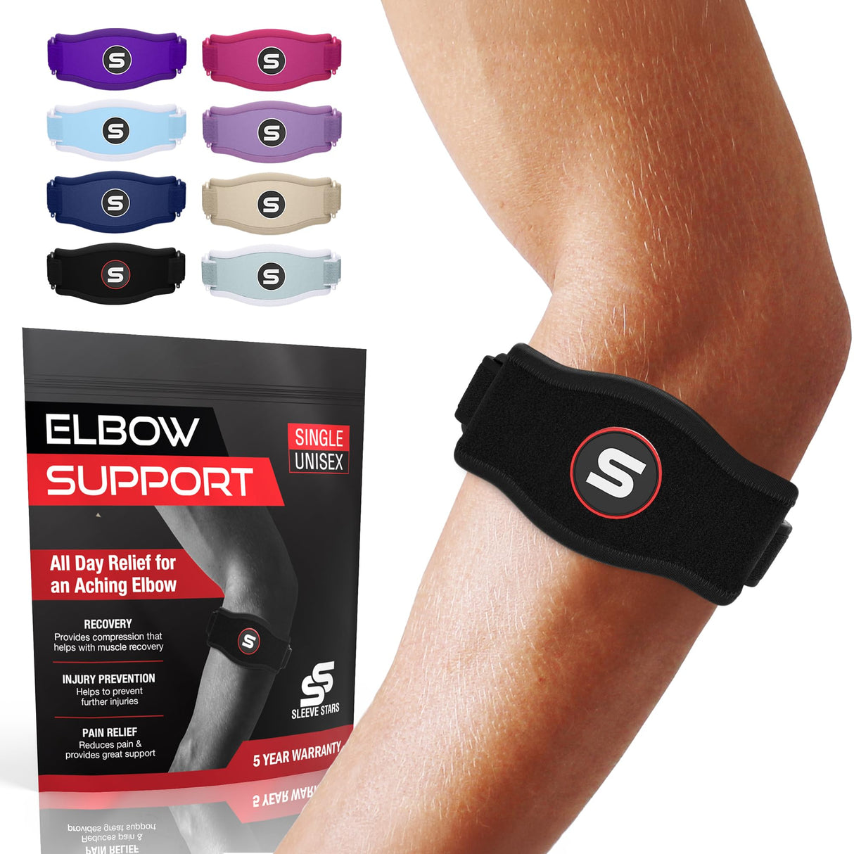 Sleeve Stars Tennis Elbow Brace for Women - Adjustable Tennis Elbow Strap, Golfers Elbow Brace for Men, Counterforce Brace for Tennis Elbow for Tendonitis Relief, Fits 9"-23" (Pair/Black)