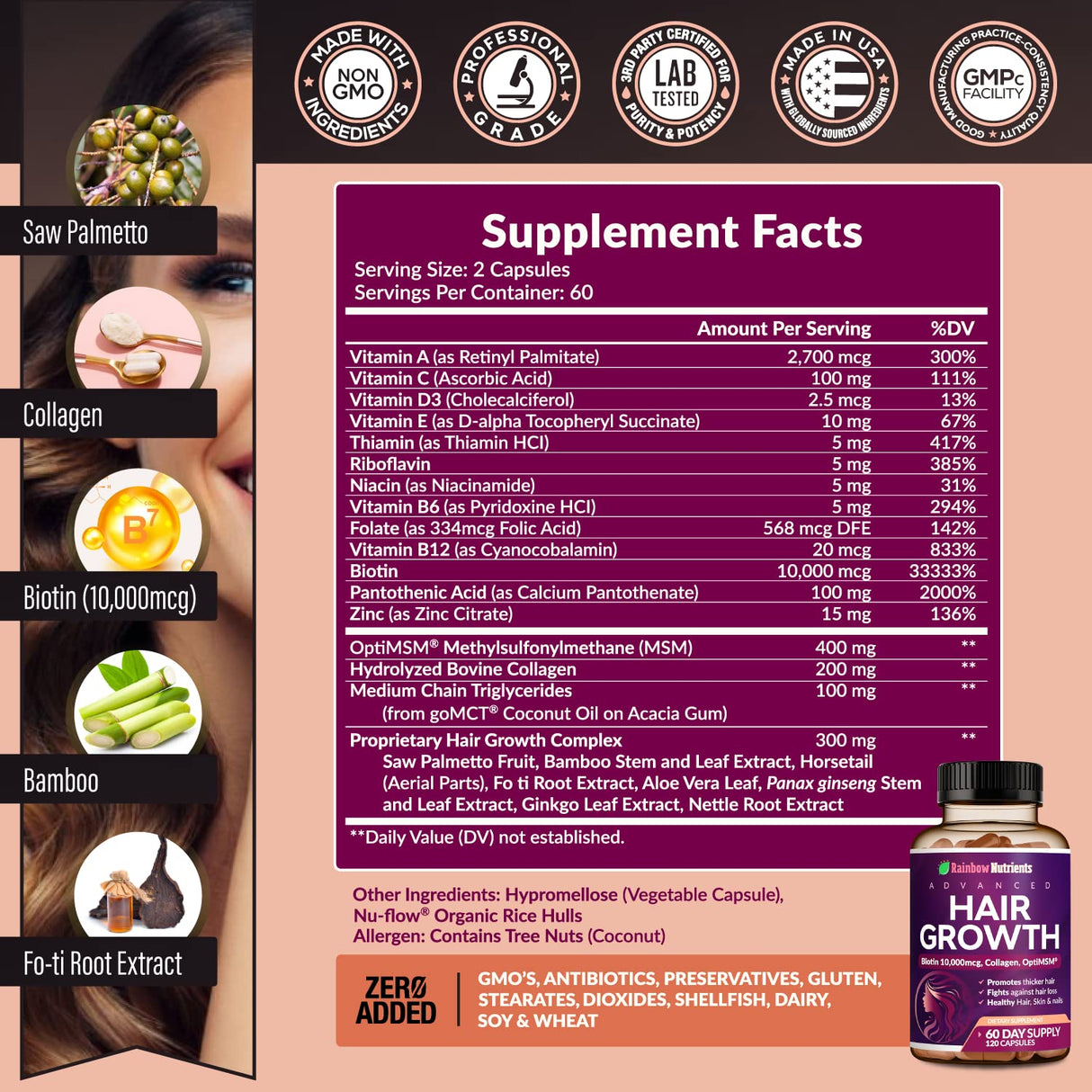 (2 Pack) Hair Growth Vitamins for Women | Biotin 10,000mcg, Collagen, Patented OptiMSM®, goMCT®, Saw Palmetto | Naturally Regrow Stronger & Healthier Hair, Skin and Nails | May Stop Hair Loss