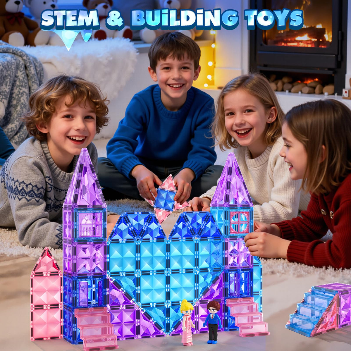Magnetic Tiles 102pcs with 2 Stairs 2 Dolls Princess Castle Building Toys