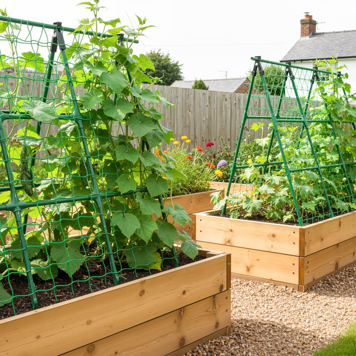 A-Frame Cucumber Trellis for Raised Bed - 47 x 47in, Heavy-Duty Detachable Garden Trellis with Netting & Clips, Support for Climbing Outdoor Cucumber, Tomatoes, Luffa, Bitter Melon, Vining Flowers