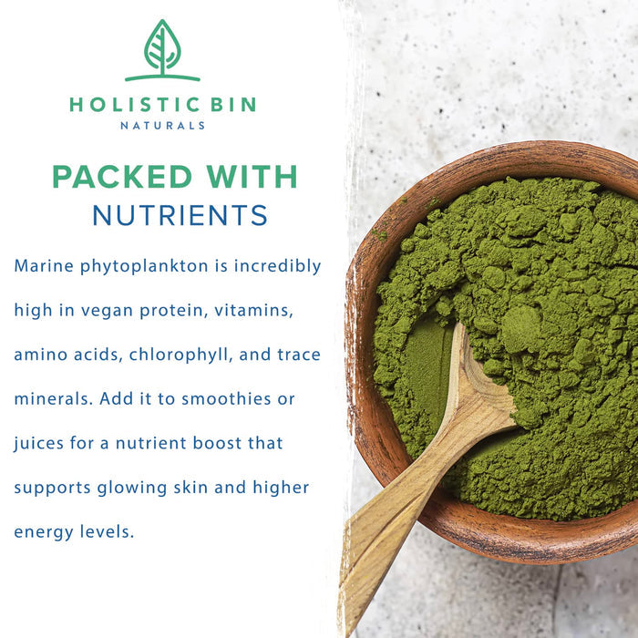 Holistic Bin Marine Phytoplankton Powder Naturally Grown in Nordic Seawater | Vegan Omega 3 Supplement | Rich in Amino Acids, Chlorophyll, Vitamins, & Trace Minerals (50g)