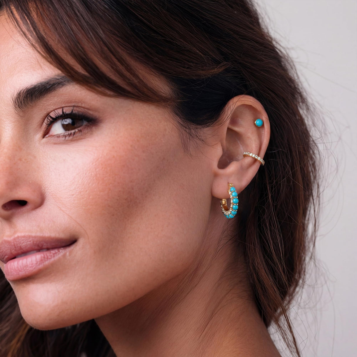 MYEARS Turquoise Hoop Earrings 14K Gold Plated Blue Beaded Cubic Zirconia Earrings Boho Summer Hypoallergenic Everyday Jewelry