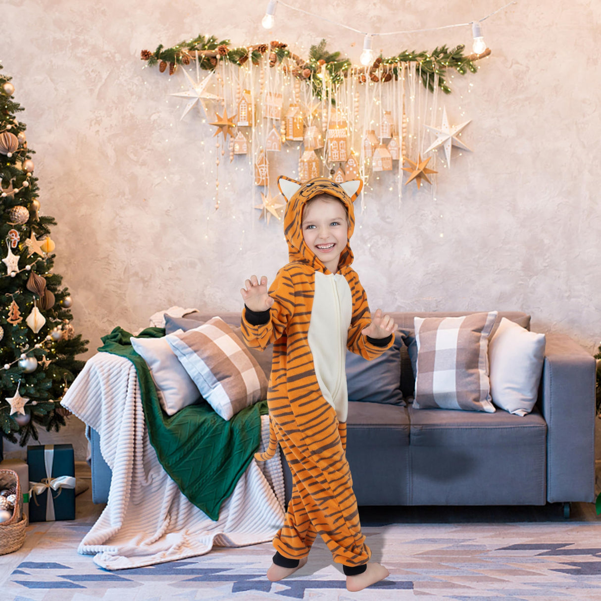 Rabtero Unisex Children Animal Onesie, Kids Girls Boys Tiger Costume, Halloween Costume Kids Tiger Onesie, Halloween Christmas Carnival Party Cosplay Costume for Kids 4-6