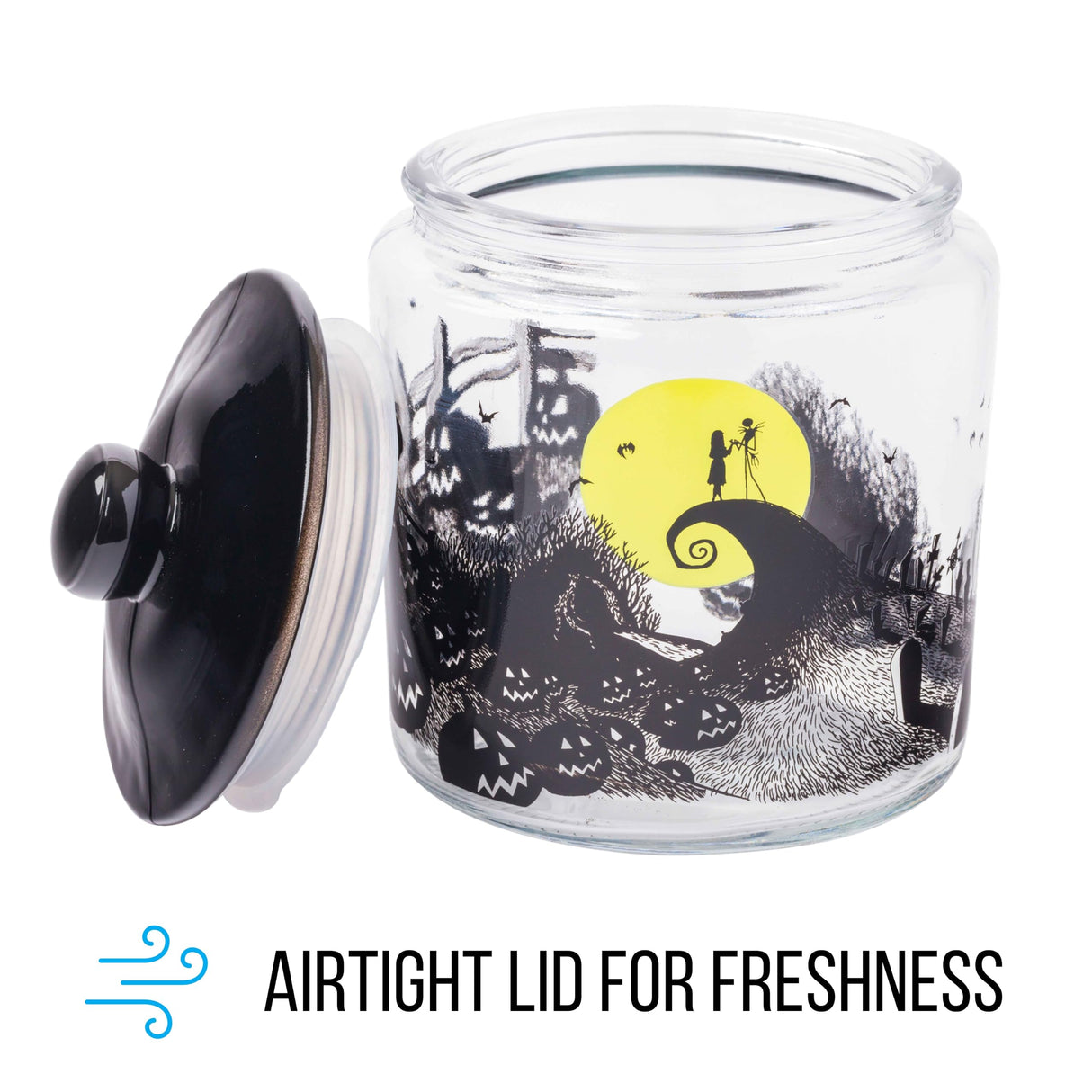 Silver Buffalo Disney Tim Burton Nightmare Before Christmas Moon Hill Graveyard Scene Jack Skellington and Sally Glass Cookie Snack Candy Jar with Lid (Small)