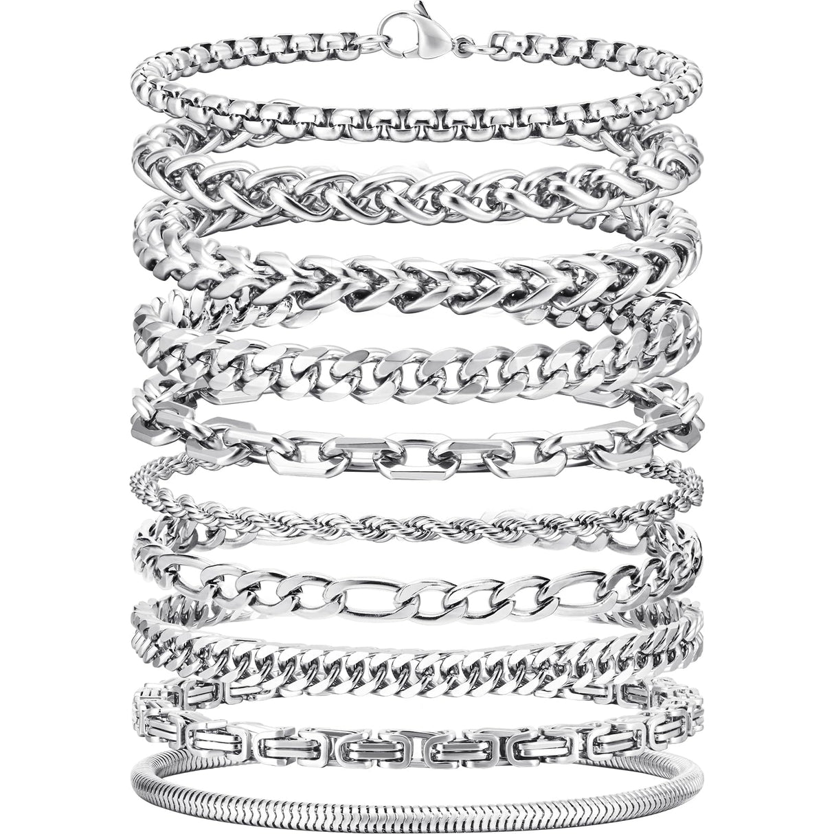 VNOX Silver Chain Bracelet for Men - 10 Pcs Solid Stainless Steel Rope/Figaro/Paperclip/Cuban Link/Snake Curb Chunky Chain Bracelet Set Wrist Band for Men Women,Mens Jewelry Set