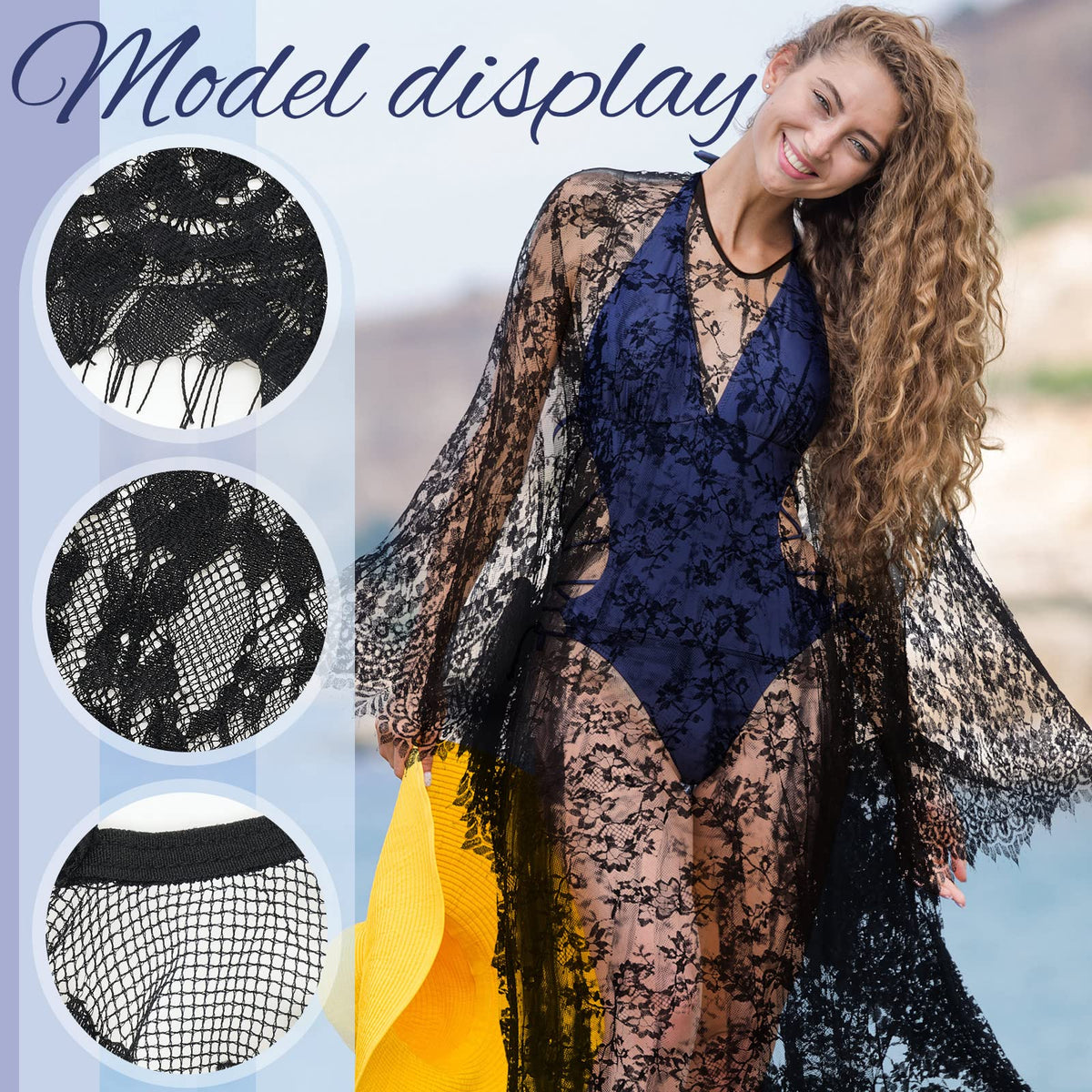 Mepase Boho Witch Lace Kimono Kaftan Dress Robe Beach Bikini Swimsuit,Black