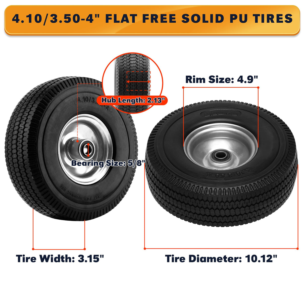 BIEAMA 2 Pack 10" Solid Rubber 4.10/3.50-4 Flat Free Tire, Raised Tread