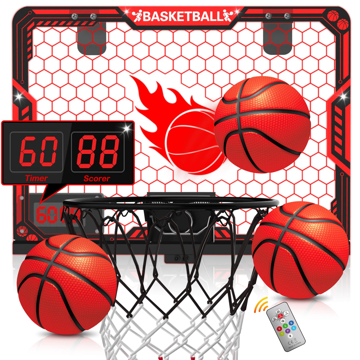 ZIZZ Indoor Basketball Hoop for Kids: Over The Door Basketball Hoop with LED Light & Scoreboard Mini Basketball Hoops with 3 Balls Christmas Birthday Toys Gifts for 5 6 7 8 9 10 11 Year Old Boys Girls