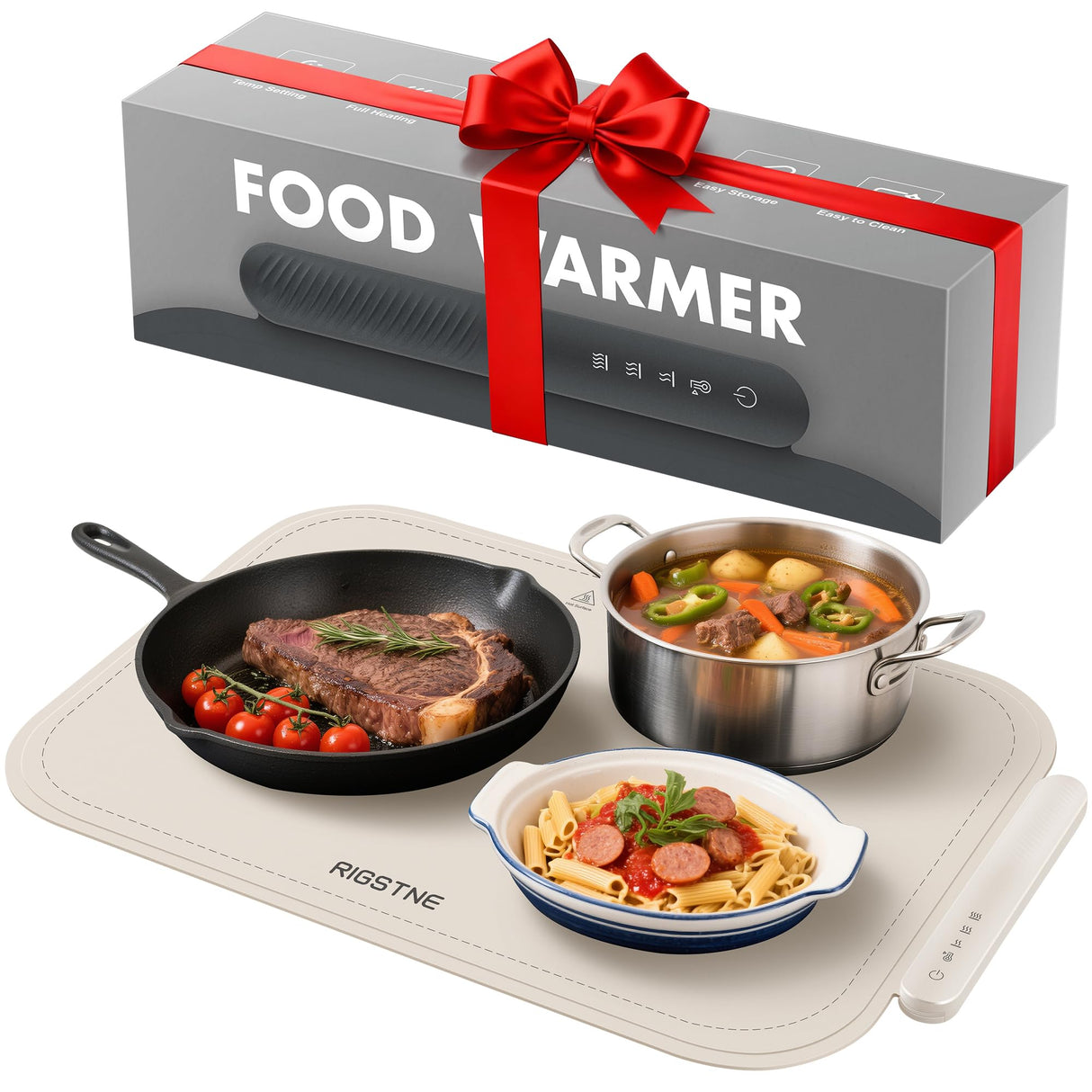 Food Warming Mat, Food Warming Tray with 3 Adjustable Temperature, Full Surface Heating Electric Warming Tray with Auto Shut-Off, Food Grade Silicone Food Warmers for Parties Buffet Countertop (Beige)