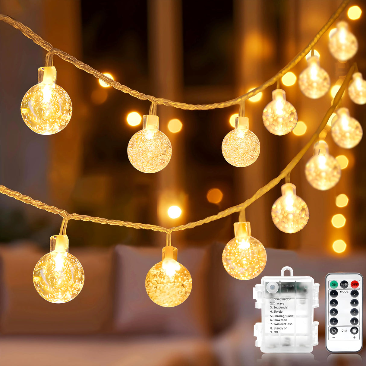 Metaku Globe Fairy Lights Battery Operated 33ft 80LED String Lights with Remote Waterproof Indoor Outdoor Hanging Decorative Christmas Lights for Home Party Patio Garden Wedding