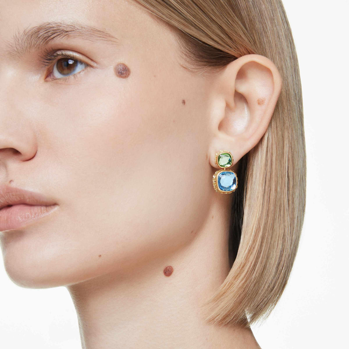Swarovski Chroma drop earrings, Cushion cut, Multicolored, Gold-tone finish