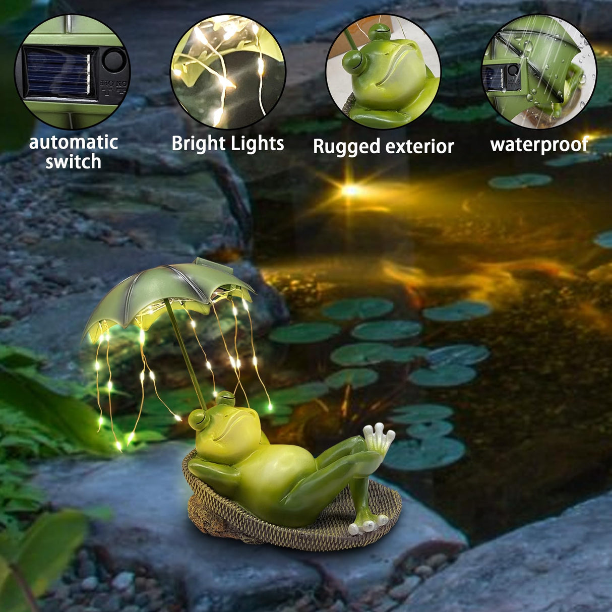 ASDFG 6.7" Solar Frog Garden Statue with Light Up Umbrella - IP65 Waterproof Resin Sculpture, Outdoor Figurine for Patio Yard Pond, Unique Gardening Gifts for Women/Mom