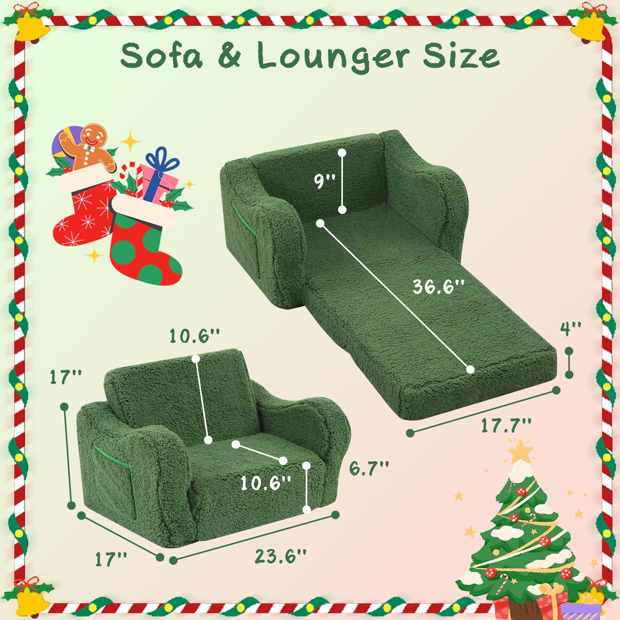 MOMCAYWEX Kids Chairs for Toddler, 2-in-1 Toddler Soft Sherpa Couch Fold Out, Convertible Sofa to Lounger for Girls and Boys, Christmas Decor, Green