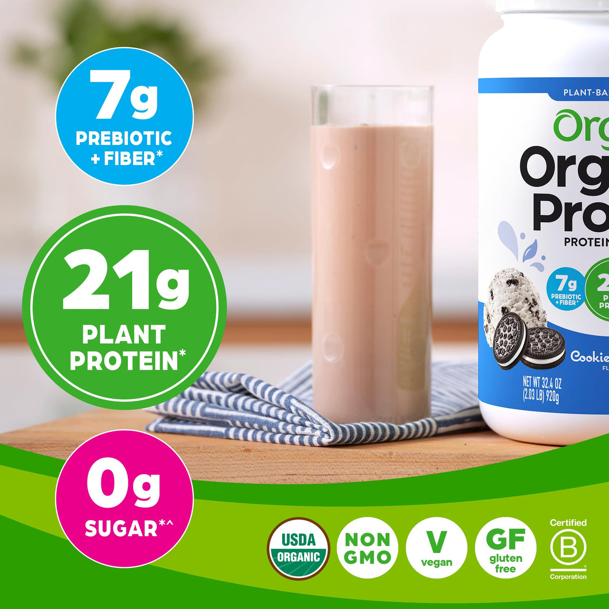 Orgain Organic Vegan Protein Powder, Cookies 'n Cream - 21g of Plant Based Protein, Low Net Carbs, Gluten Free, Lactose Free, No Sugar Added, Soy Free, Kosher, Non-GMO, 2.03 Lb