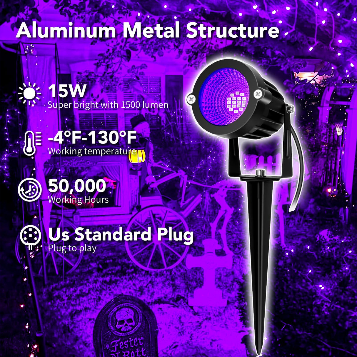 BeeLinks Halloween LED Black Light: 15W Spot Lights Outdoor UV Spotlight for Halloween Christmas | 2 PacK 110V Plug-in Blacklight with IP65 Waterproof for Party Body Paint Fluorescent Poster Neon Glow