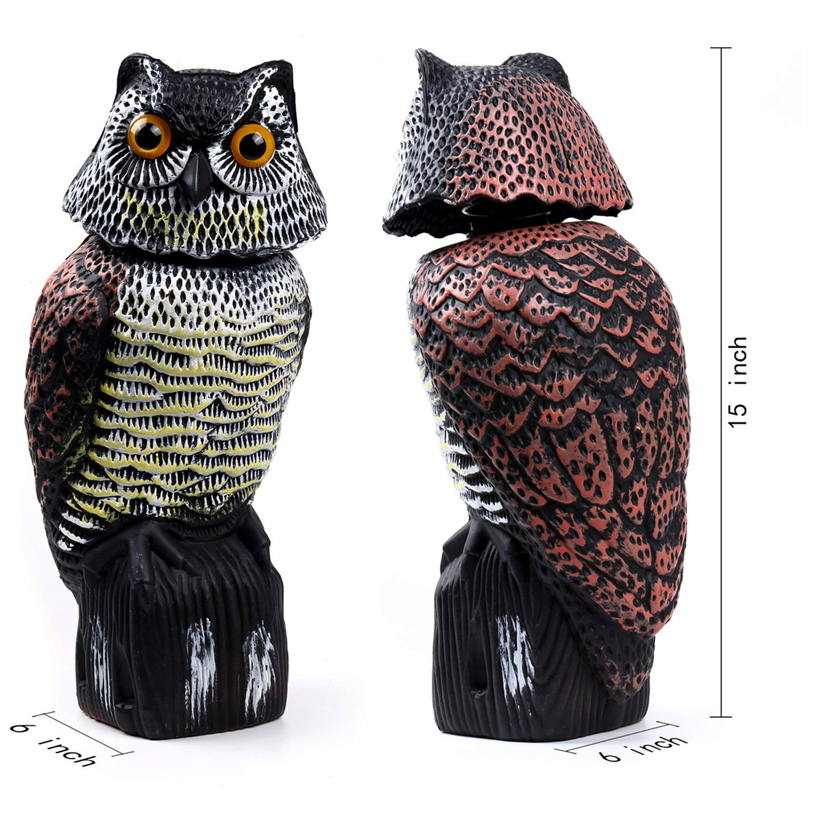 Hedoc 2 Pack Fake Owl Decoys to Scare Birds Away(15 inch), Rotating Head Sculptures, Nature Enemy Scarecrow Plastic Statues, Pest Repellent,Pigeon Deterrent Outdoor Yard, Garden Protectors
