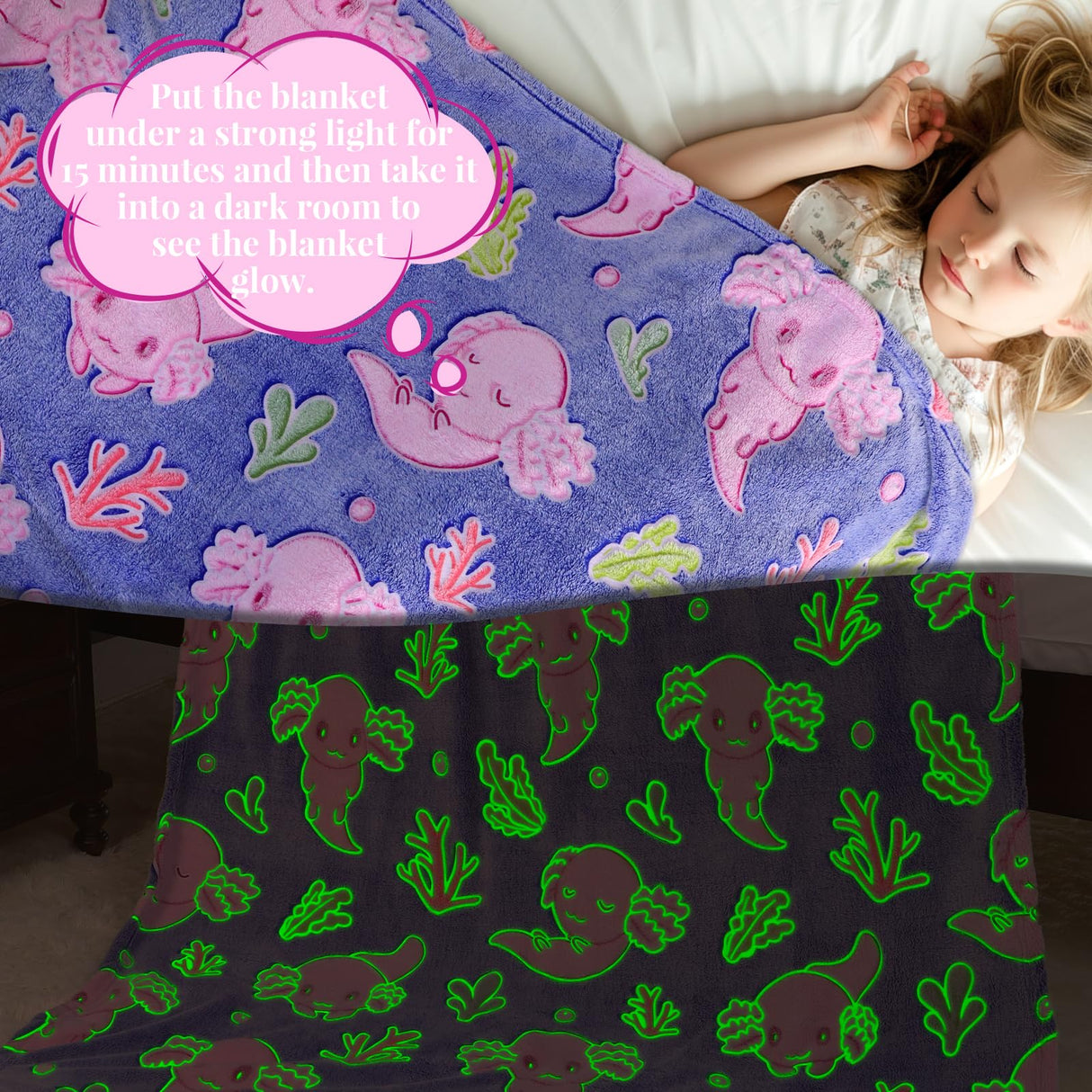 Axolotl Blanket for Girls - Axolotl Gifts Toys for 2 3 4 5 6 7 8 9 10 Year Old Girls Boys - Glow in The Dark Salamander Blanket Christmas Birthday Presents for Toddlers Teens Couch Bed 50"x 60"