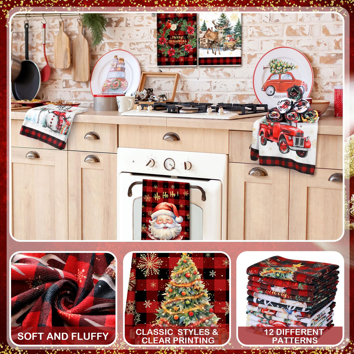 VitalCozy 12 Pcs Christmas Kitchen Towels and Dishcloths Absorbent Merry Christmas Tree Reindeer Truck Santa Claus Hand Dish Tea Towels Plaid Decoration for Xmas Home Gift Supplies, 14.2 x 21.3 Inch