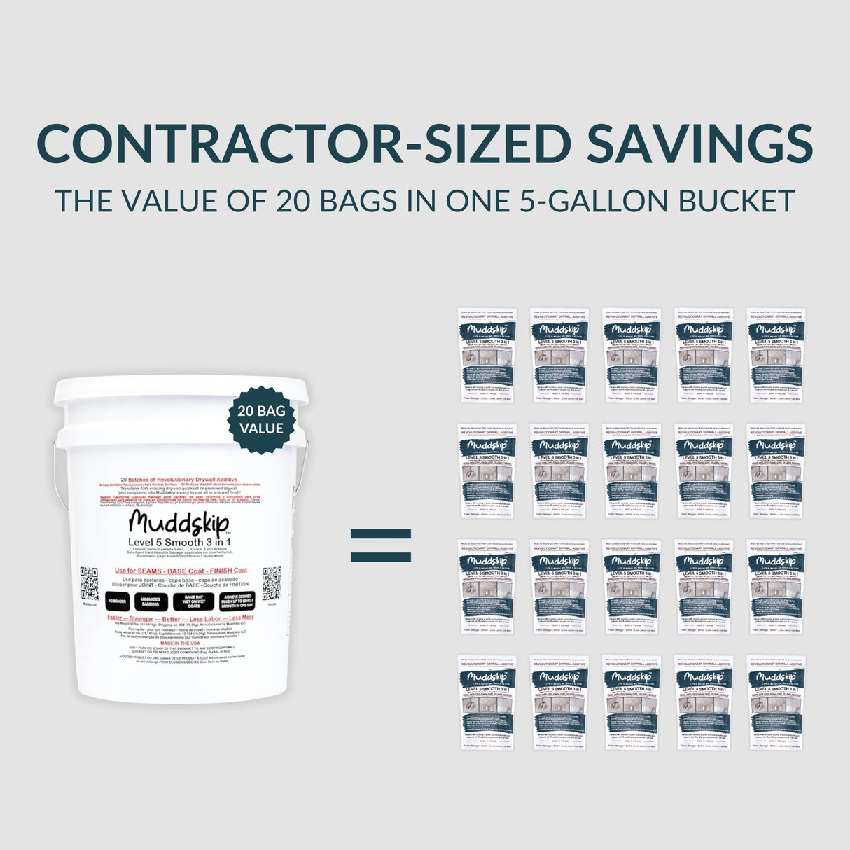 MuddSkip Smooth Drywall Additive Powder, 40 lbs in 5-Gallon Bucket | Level 5+ Finish, No Sanding Required, Same-Day Wet-on-Wet Coats | Made in USA