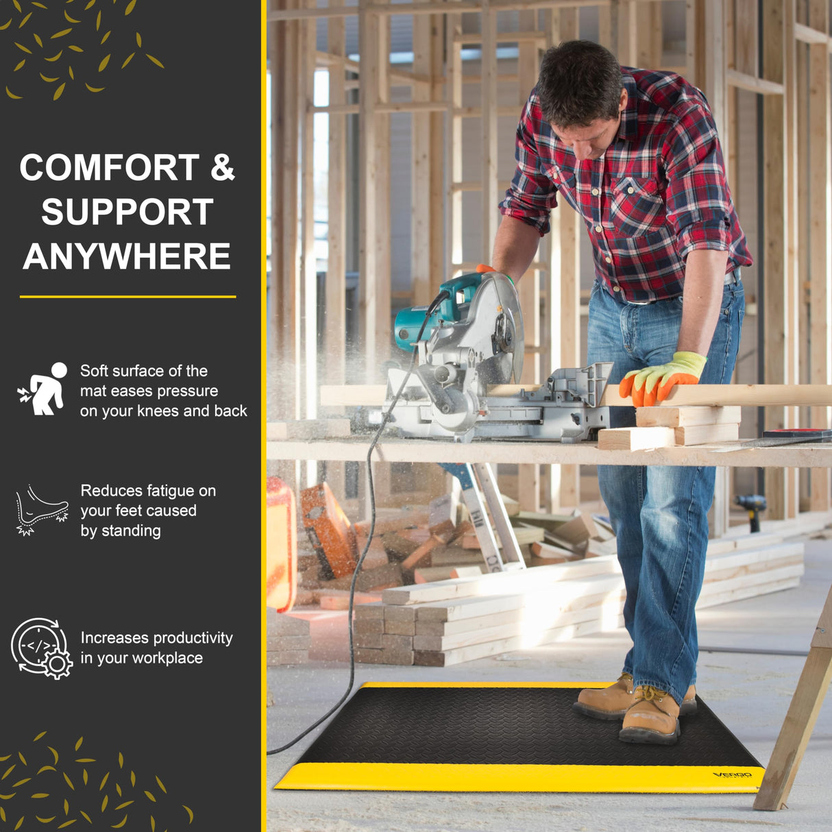 Vergo Industrial 15/16” Extra Thick Anti Fatigue Mat - Heavy Duty Commercial Grade Diamond Plate Ergonomic Standing, Non-Slip Black with Yellow Anti Fatigue Floor Mat for Work, Shop (1-Pack 3' x 5')