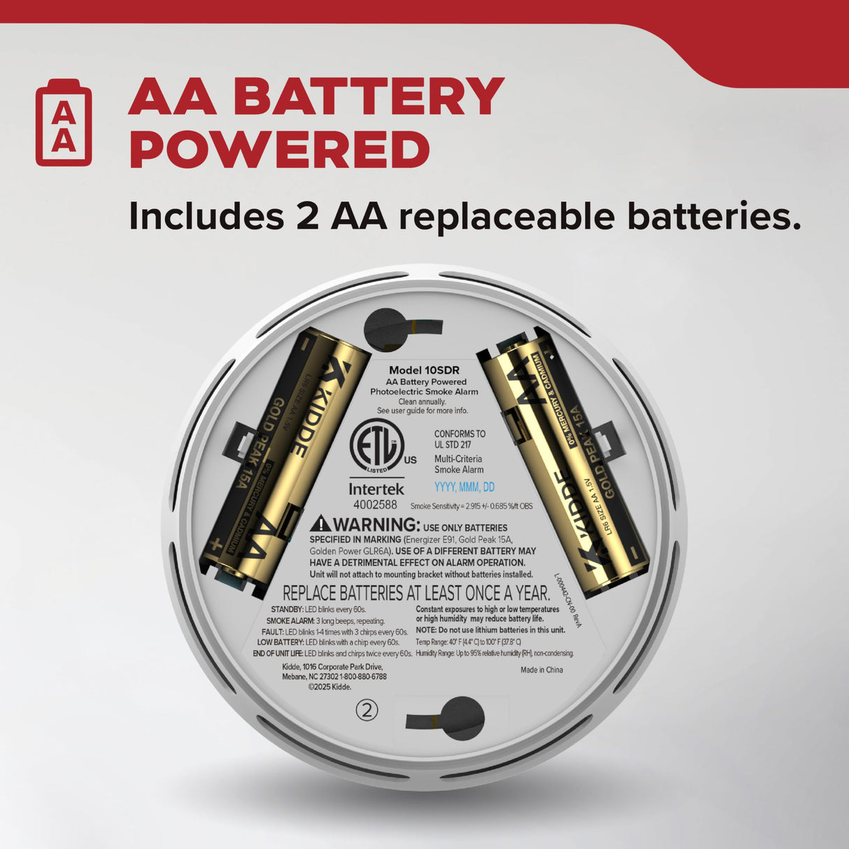Kidde Smoke Detector, AA Battery Operated, Compact Size, LED Status Light, 85 dB Alarm, 4-inches, 10SDR