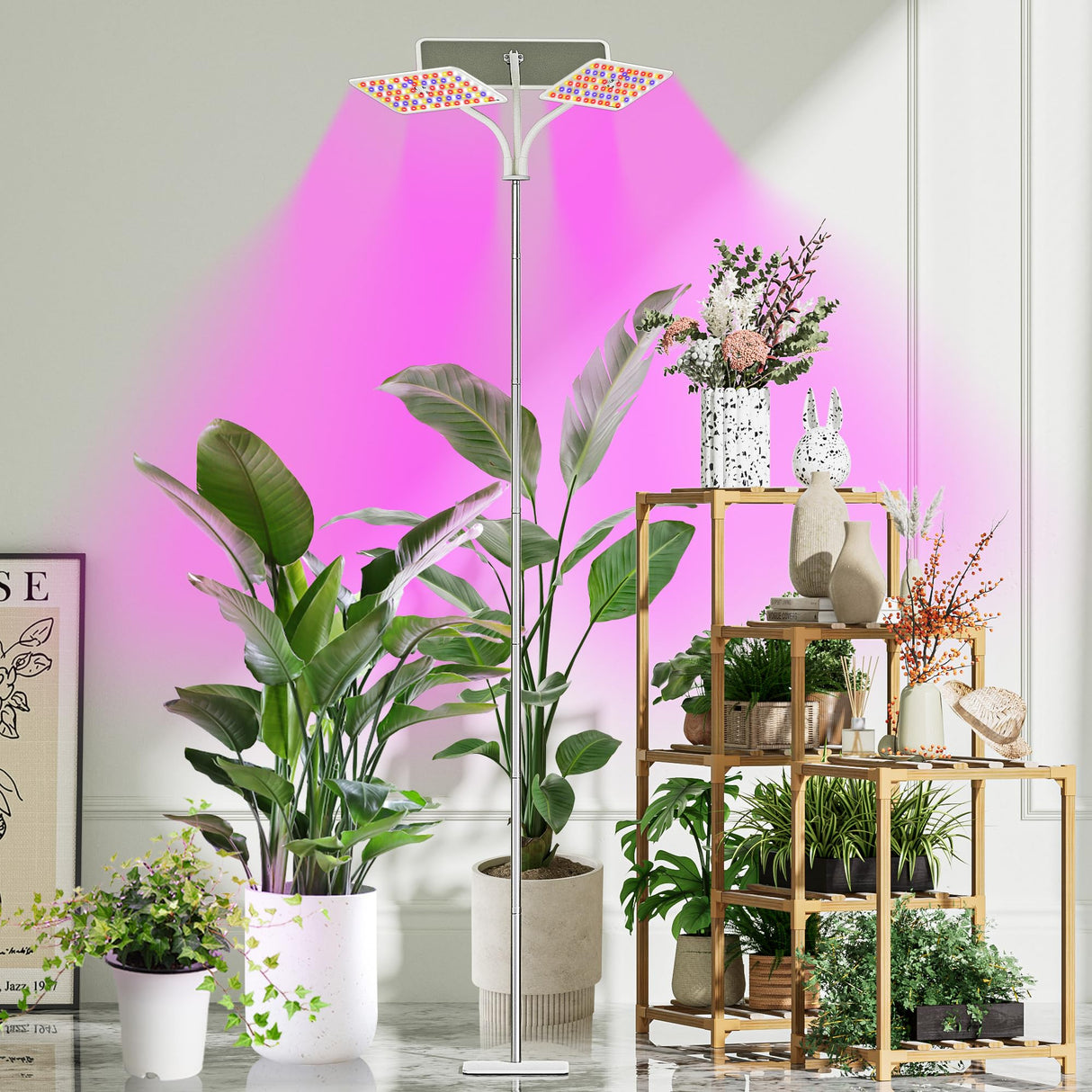 KINGPLUS Grow Lights with Stand, Three Heads, Full Spectrum LED Grow Light for Indoor Plants, 360 Leds, 4 Dimmable Levels, Timer 4/8/12h, 12-60inches Height Adjustable, 48w, Ideal for Desk Small Plant