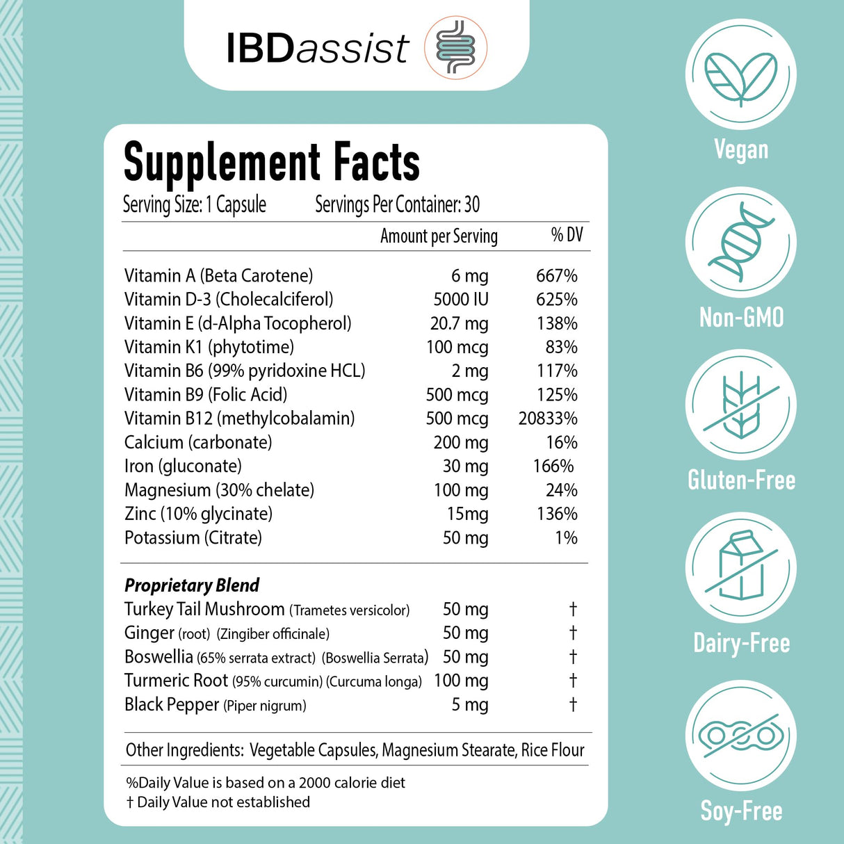 IBDassistโข Gut Support Capsule - Gut Health & Digestion Supplement - Constipation & Occasional Bloating Relief for Women & Men* - Complete with Vitamin D3, A, E, Zinc & More - 30 Capsules