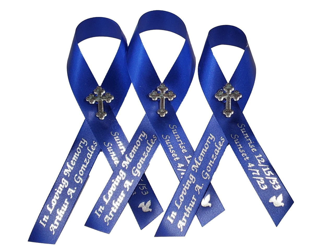 Personalized Memorial Service Funeral Ribbon Pins 20 Cross Religious Celebration of Life Custom Made Awareness Remembrance Anniversary Death Cross Sympathy In Loving Memory Angel (Royal Blue)