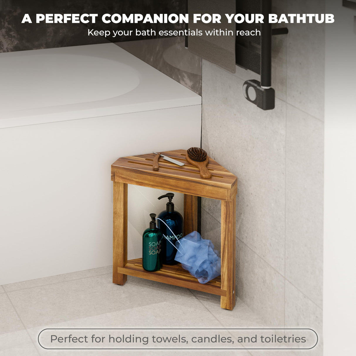 BLUEWEST Shower Foot Rest, Corner Shower Stool, Wooden Shower Foot Stool for Shaving Legs Inside Shower, Waterproof Shower Foot Rest with Storage Shelf for Small Shower Space, Shower Seats and Benches